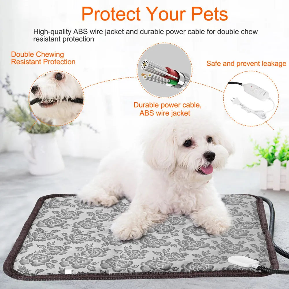 Adjustable heat settings on dog heating pad, 95°F to 113°F temperature control