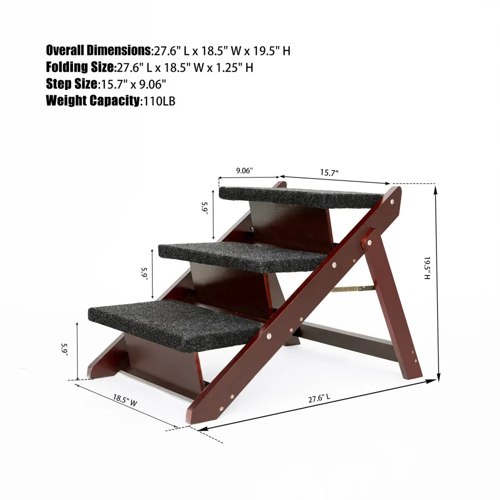 Foldable design of sturdy wooden pet stairs for senior dogs, supports up to 110 lbs