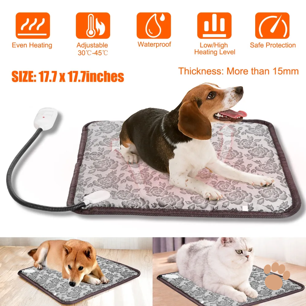 Dog resting on adjustable heating pad for joint pain relief — waterproof, 17.7 x 17.7 inches