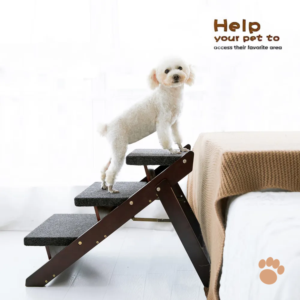 Senior dog climbing foldable 3-step wooden pet stairs onto a bed